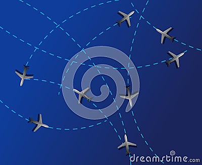 Air travel. Dotted lines are flight paths Vector Illustration