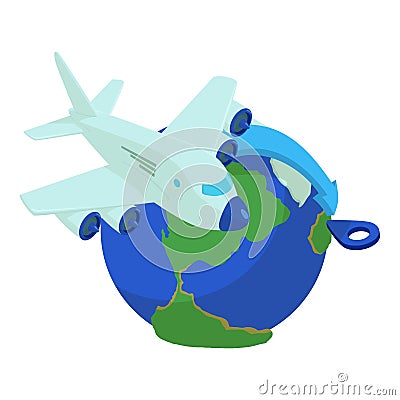 Air travel icon isometric vector. Plane fly around globe to point of destination Vector Illustration
