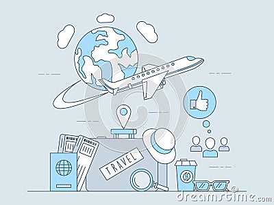 Air travel mobile application vector outline concept. Flying around the planet plane, baggage with passport and tickets. Vector Illustration