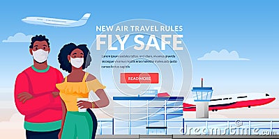 Air travel rules healthy flight concept. African man and woman in medical masks at airport terminal. Vector illustration Vector Illustration