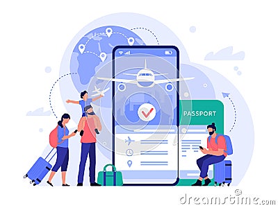 Air travel ticket buying app. People buying tickets online, phone booking service for tourism and vacation, travel Vector Illustration