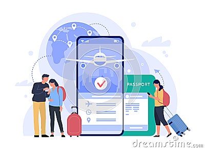 Air travel ticket buying app. People buying tickets online, phone booking service for tourism and vacation Vector Illustration