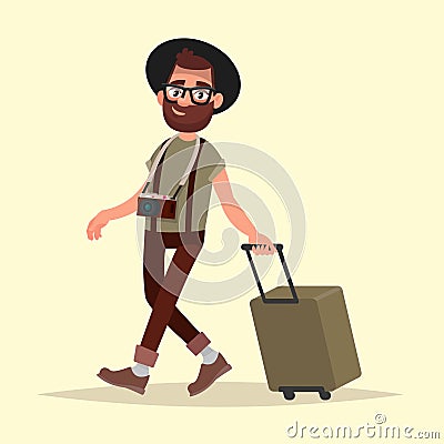 Air traveler. Hipster man with luggage goes to the airport. Vector illustration in cartoon style Cartoon Illustration