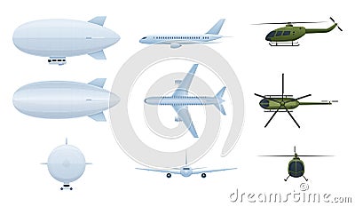 Air vehicles. Air balloon aerostat, helicopters, airplanes in different angles. Vector Illustration