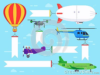 Air vehicles banner. Flying helicopter sign, airplane banner message and vintage zeppelin ad flat vector illustration Vector Illustration