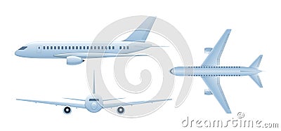 Air vehicles. Flying airplane, airliner. Passenger plane in different angles. Vector Illustration