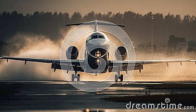Air vehicles taking off at dusk from illuminated airport runways generated by AI Stock Photo
