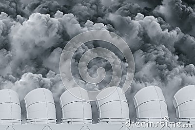 Air ventilator cooling tower chimney with dirty smoke dust emission for air pollution industry concept Stock Photo