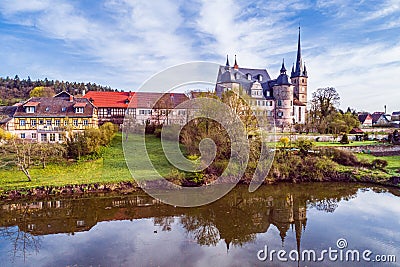 Air view of Ahorn castle Stock Photo