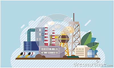 Air, water and soil pollution by industrial production, environmental contamination, toxic emissions Vector Illustration