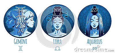 Air zodiac set, beautiful girls, Gemini, Libra, Aquarius, horoscope symbol, star sign, vector illustration Vector Illustration