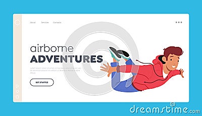 Airborne Adventures Landing Page Template. Joyful Man Character Soaring In Sky With Outstretched Arms And A Big Smile Vector Illustration