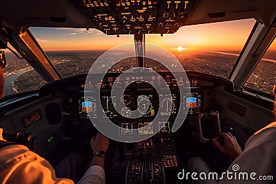 Airborne at Sunset, Pilot in Cockpit of Modern Aircraft, generative Ai Stock Photo