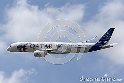 Airbus A350-941 commercial aircraft with a hybrid Airbus/Qatar Airways livery Editorial Stock Photo