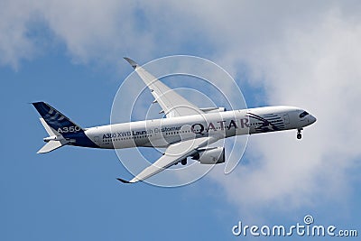 Airbus A350-941 commercial aircraft with a hybrid Airbus/Qatar Airways livery Editorial Stock Photo