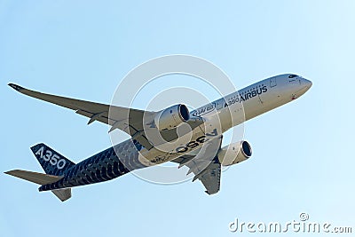 Airbus Industrie A350 modern civil airliner taking off for a demo flight in Zhukovsky during MAKS-2019 airshow. Editorial Stock Photo