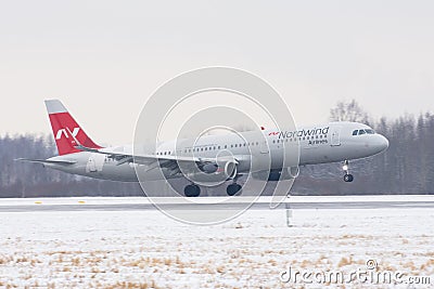Airbus a321 Nord wind airlines, airport Pulkovo, Russia Saint-Petersburg. February 04. 2018. Editorial Stock Photo