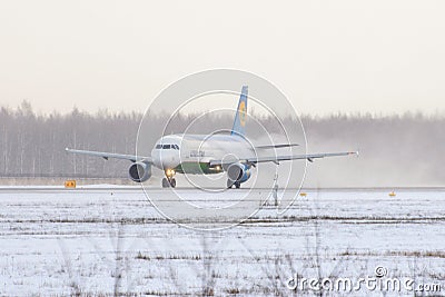 Airbus a319 Uzbekistan airlines, airport Pulkovo, Russia Saint-Petersburg. February 04. 2018. Editorial Stock Photo