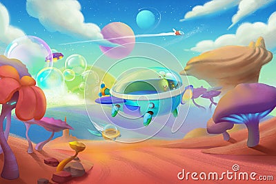 Aircraft Adventure. Space Scene. Fantasy Backdrop. Concept Art Stock Photo