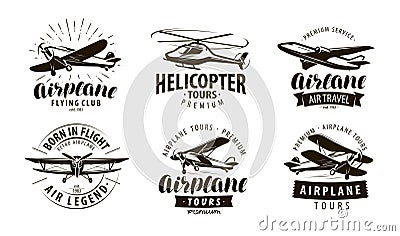 Aircraft, airplane, helicopter logo or icon. Transport label set. Vector illustration Vector Illustration