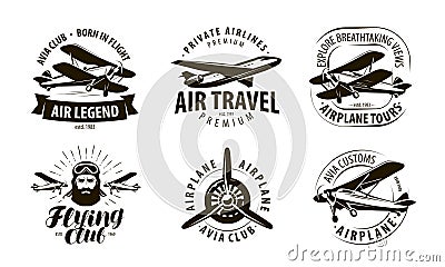 Aircraft, airplane logo or label. flying club, airlines icon set. typographic design vector illustration Vector Illustration