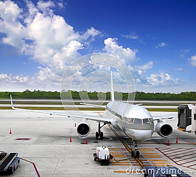 Aircraft airplane plane landed airport blue sky Stock Photo