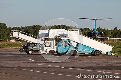 Aircraft boarding ramps at the airport Stock Photo