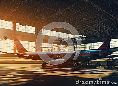 Aircraft Body and Bonded Structure Repairers Fictional Work Enviroment Scene. Stock Photo