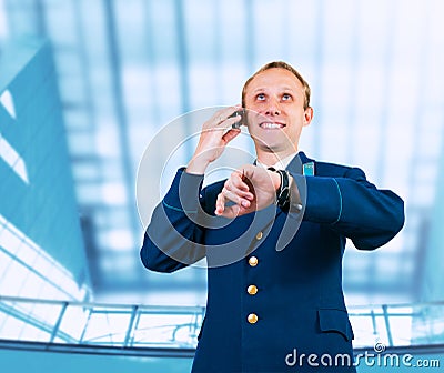 Aircraft captain portrait in airport Stock Photo