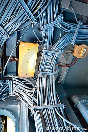 Aircraft carrier pipeline and wiring. Stock Photo