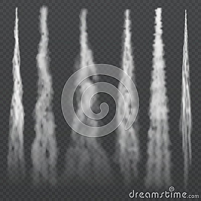 Aircraft condensation light smoky trails in sky. Jet trailing smoke. Foggy trail plane, rocket smoky spray effects Vector Illustration