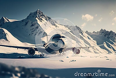 Aircraft crash in mountains. Airliner catastrophe. Plane accident with snowy mountains backdrop. Generative AI Stock Photo