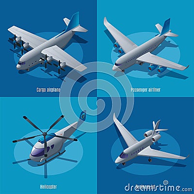 Aircraft different types 2X2 vector illustration isometric icons on isolated background Vector Illustration