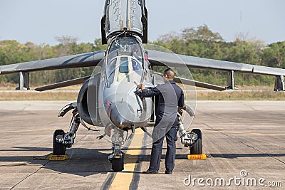 Aircraft Director Alpha Jet Who are checking the readiness to fly Editorial Stock Photo