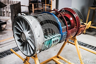 Aircraft engine bisect shows internal structure on display. Stock Photo