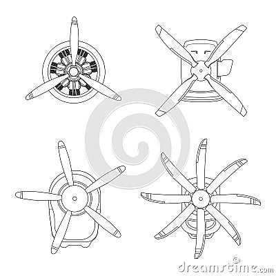 Aircraft engine in outline style. Contour drawing of motor with propeller on white background Vector Illustration