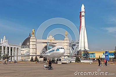 Aircraft equipment on the square in front of the Cosmos pavilion at VDNH Editorial Stock Photo