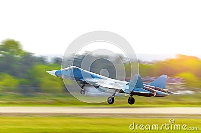 Aircraft fighter jet takes off at speed Stock Photo