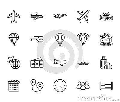 Aircraft flat line icons set. Airplane, helicopter, air taxi, skydiving, balloon, aero tube, paragliding vector Vector Illustration