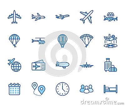 Aircraft flat line icons set. Airplane, helicopter, air taxi, skydiving, balloon, aero tube, paragliding vector Vector Illustration