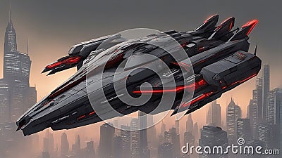 aircraft in flight A large and menacing spaceship with a dark gray hull and red accents. The ship has multiple weapons Stock Photo