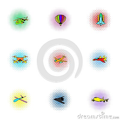 Aircraft icons set, pop-art style Vector Illustration