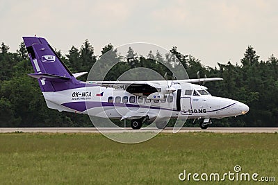 Aircraft Industries Let L-410 NG Turbolet airplane arriving at Berlin-Schoneveld Airport. Berlin, Germany - June 2, 2016 Editorial Stock Photo