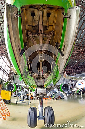 Aircraft and large front landing gear. Boeing 767 S7 airlines, airport Tolmachevo, Russia Novosibirsk 12 April 2014 Editorial Stock Photo