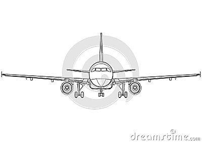 Aircraft linear black and white drawing full face, plane front view, airplane icon, outline sketch, flying machine silhouette, Vector Illustration