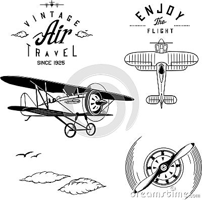 Aircraft logo set black airplane biplane vintage Vector Illustration