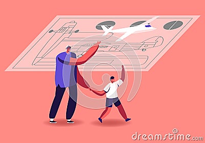 Aircraft Modeling Concept. Tiny Characters Father and Little Son Assembling Airplane Model Use Instruction Scheme Vector Illustration