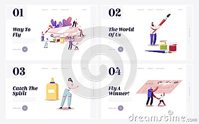 Aircraft Modeling Landing Page Template Set. Tiny Characters Assembling and Painting Huge Airplane Model Vector Illustration