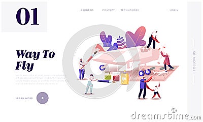 Aircraft Modeling Landing Page Template. Tiny Characters Assembling and Painting Huge Airplane Model Vector Illustration