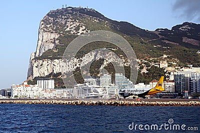 Aircraft of Monarch Airlines prepared for leave the Rock of Gibraltar. Editorial Stock Photo